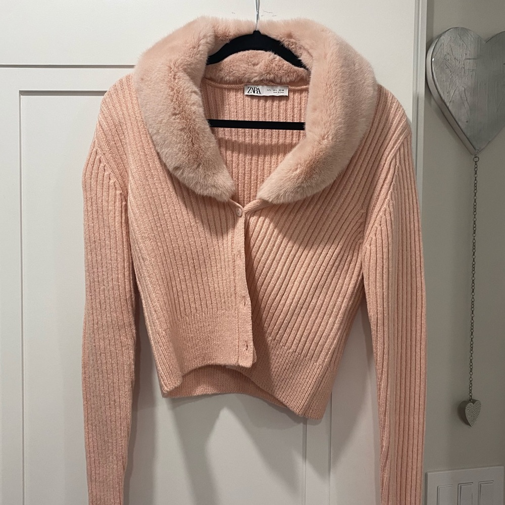 Pink Faux Fur Collared Sweater